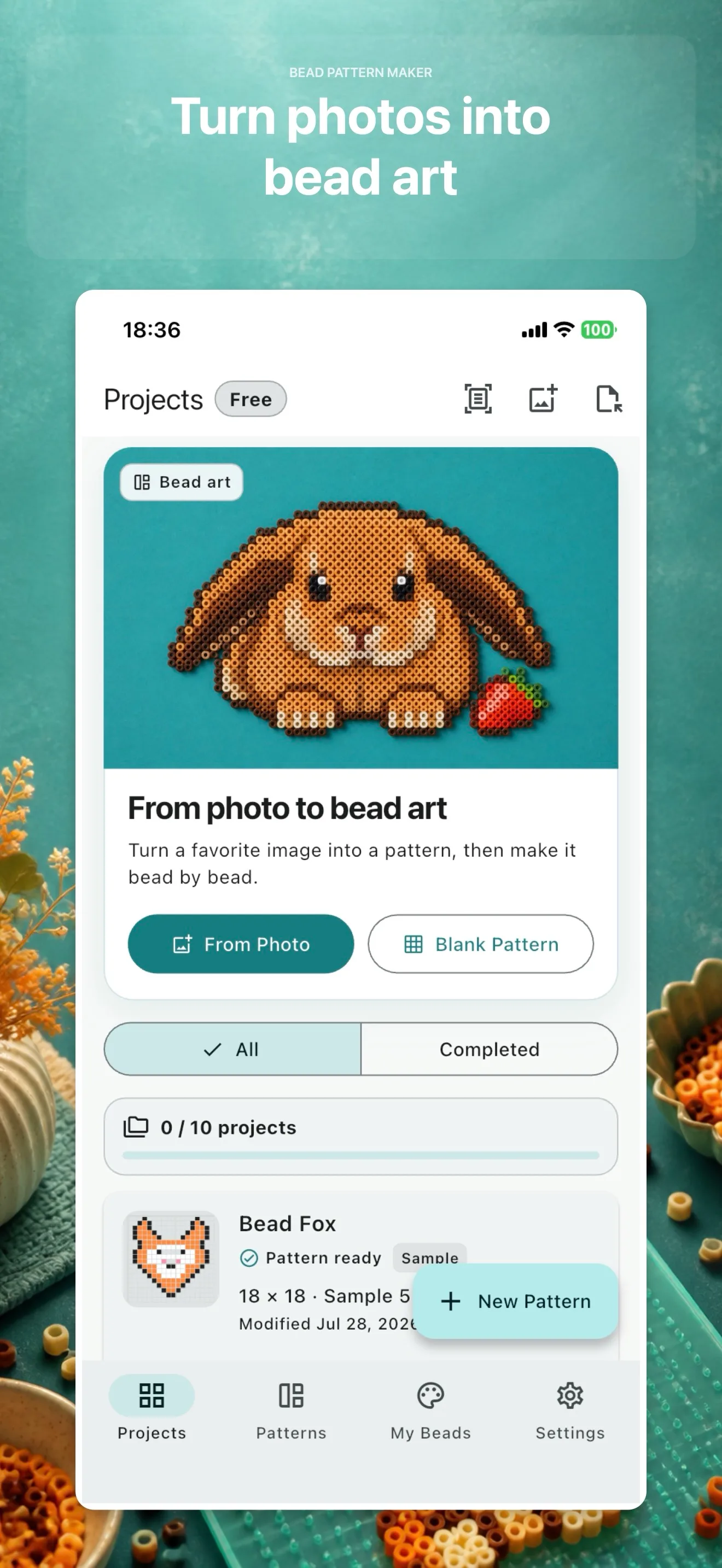 Bead Pattern projects — from photo or a blank canvas